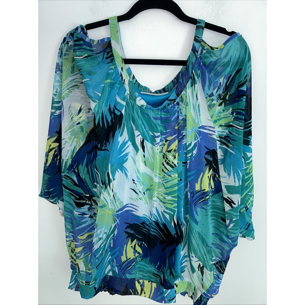 AVENUE STUDIO Womens Top 22/24 Blue Floral Cold Shoulder Pullover Dolman Sleeve